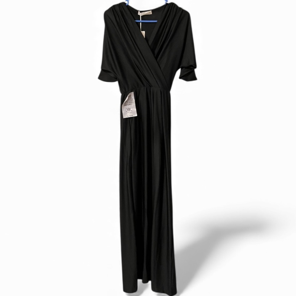 NWT Koh Koh Black Elegant V Neck Slit Short Sleeve Formal Chic Maxi Dress Size S - Picture 3 of 13